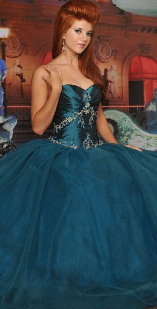 Deep Blue Ball Gown Sweetheart Appliques Beading Tiny Tiered Tulle Satin Prom / Evening Dress