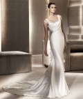 2012 Satin Scoop Neckline Lace Back Mermaid Sweep length Beach Wedding Dress