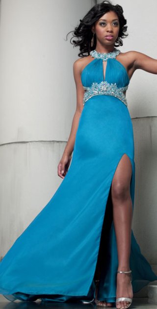 A line Floor Length Bule Crystal Special Design Halter Sexy Evening Dress