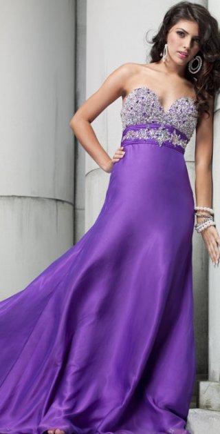 Purple V Neck Sequins Beads Around the Waist Chapel Train Taffeta Prom Dress