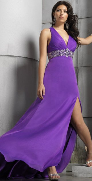 A line Purple Floor Length V-neck Sexy Romantic Elegant Crystal Evening Dress