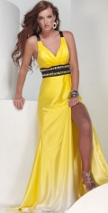 Yellow Long Evening Furcation Dress With Pleated V Neckline