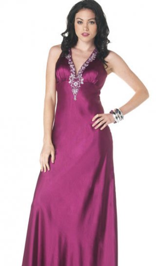 A Line Halter Elastic Satin With Beadings Natural Ball Gown Evening Dress