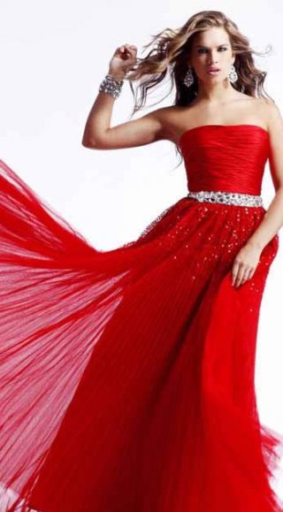 Simple Red Ball Gown Flat Neckline And Strapless Beadings Party Dress