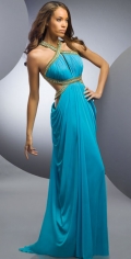 Blue Cross Pleated Dropped Floor Length Chiffon Evening Dress