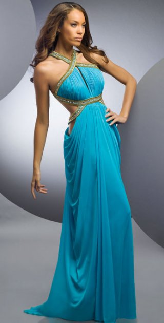 Blue Cross Pleated Dropped Floor Length Chiffon Evening Dress
