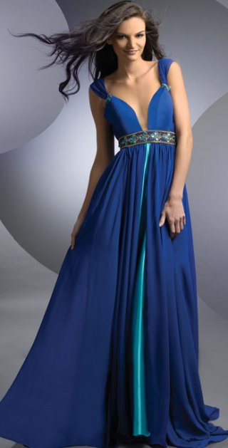 New Style Furcation Beading Waistband Elastic Satin Dropped Floor Length Blue Evening Dress