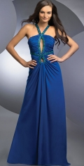 Vivid Halter With Hollow Centre Pleated And Dropped Beadings Satin Blue Evening Dress
