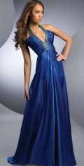 A Beading And Pleated Halter With A V Neckline Empire Waist Evening Dress
