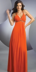 A Pleated V Neckline Halter Empire Floor Length Evening Dress