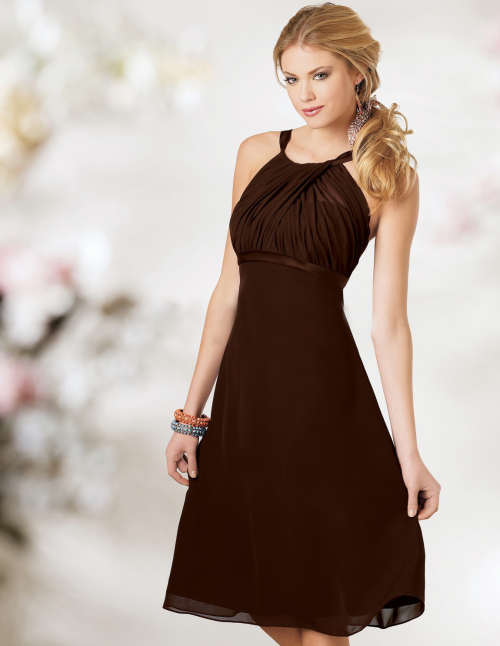 A-line chocolatae Strapless chiffon Lovely Puffed knee length Bridesmaid Dress at low price