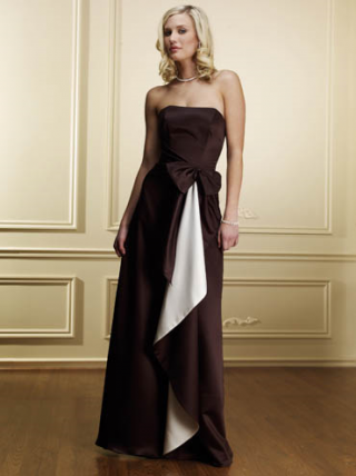 White and Chocolate Princess Sash Bowknot Floor lenth A-line Bridesmaid Dress/ wedding party dress