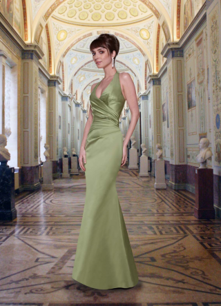 Light Green pleated Mermaid/ Trumpet floor length satin V-neck design Bridesmaid dress/ wedding party dress