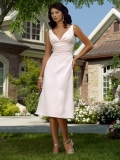 White V-neck Tea Length Empire Waist A-line Wedding party dress/ Bridesmaid Dress
