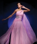 Column Side Ruched Bodice With Beads One Shoulder Chiffon Evening Dress With Ribbons