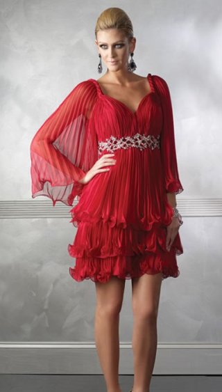 Red Three Layers fashion Design Chiffon beads working Lovely knee length Evening Party Gown Available in Spring