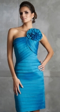 Elegant pleated Blue One Flower Strap Pleated knee length mermaid Design Evening dress