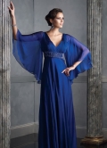 Elegant Turquoise V-neck empire waist bat-wing pick Design Evening Party dress with beaded sash
