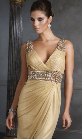 Graceful Handmade Appliques And Ruched Shoulder With V Neckline Side Draped Evening / Party Dress