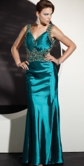 Sheath A Appliques Halter With V Neckline Floor Length With Pleated Evening Dress