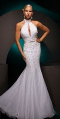 White Halter Trumpet Floor Length Hollow Center Backless With Beadings Ans Sequins Elegant Evening Dress