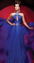 New Style Halter With Hollow Center Dropped Floor Length Chiffon Pleated With Beadings Blue Evening Dress