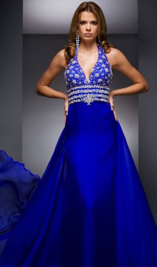 Appliques And Beadings Halter With A Deep V Neckline Blue Evening Dress