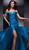 Allure V Neckline Off The Shoulder Empire Side Draped Chiffon Blue Evening Dress With Beadings