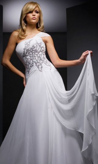 One Shoulder Sweep Train Side Draped With Appliques Chiffon Elegant Evening Dress