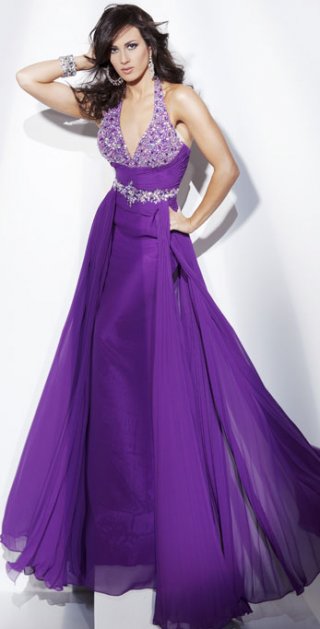 Purple Appliques And Sequins Halter V Neck Ball Gown Evening Dress