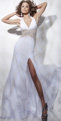 Halter Evening Dress With Sequins And A Furcation