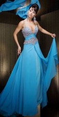 Dark Blue Spaghetti Straps V Neck Backless with Beadings And Applliques Floor Length Chiffon Evening Dress