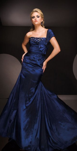 Sexy Deep Blue With A Pleated One Shoulder And Fully Draped Mermaid Formal Evening Dress