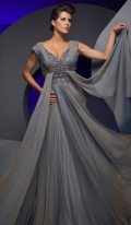 V Neckline With Appliques Dropped Chiffon Sweep Train Elegant Evening Dress