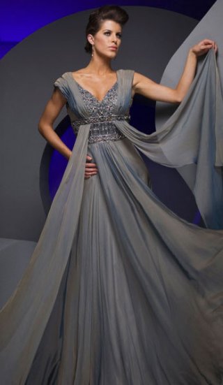 V Neckline With Appliques Dropped Chiffon Sweep Train Elegant Evening Dress