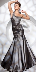 One Appliques shoulder Gray Sequins Tiered Elastic Satin Prom Dress