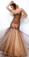 Brown Fold Mermaid Sweetheart Appliques Satin Organza Prom Dress