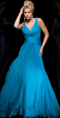 Blue V Neck Double Straps Part Folded T style Beading Taffeta organza prom / Evening Dress