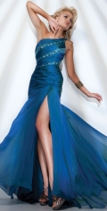 Sexy Mermaid / Trumpet With One Strap Chiffon And Side Draped With A Furcation Blue Evening Dress With Beadings