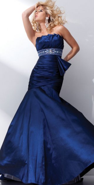 Chapel Train Deep Blue Taffeta Ruched Tiered Neckline With Appliques Waistband Empire Prom Dress