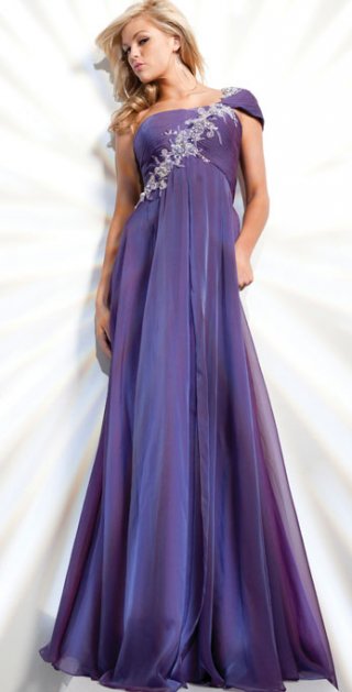 Purple With One Shoulder Side Draped With Appliques Floor length Evening Dress