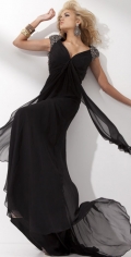 Backless Straps V Neckline With Ribbons Tulle And Taffeta Floor Length Black Evening Dress