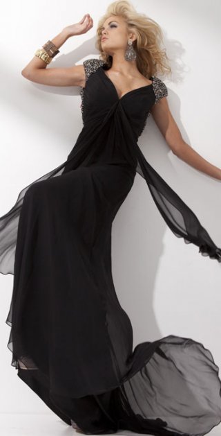 Backless Straps V Neckline With Ribbons Tulle And Taffeta Floor Length Black Evening Dress
