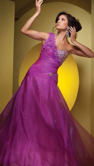 Pink One Flower Shoulder Side Ruched Dropped Taffeta And Organza With Sequins And Beading Princess Prom Dress