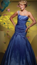 One Appliques Shoulder Multi Layerd Ruched Pleated Floor Sweep Taffeta Trumpet Prom Dress