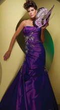 Purple Boat Neck Trumpet Appliques Beading Taffeta Side Draped Prom Dress
