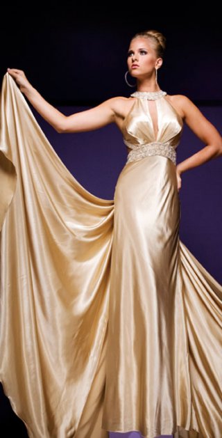 Gold Sweep Train Jewel With Beadings And Appliques Elegant Pleated Evening Dress