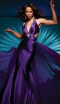 Sexy Purple Halter With Beading V Neckline Brush Train Evening Dress With A Long Back Ribbon