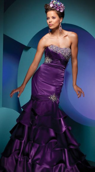 Purple Mermaid Boat Neck Beading Sequins Appliques Taffeta Tiny Fold Prom Dress