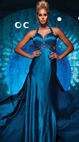 Attractive Mermaid / Trumpet Halter Sweetheart Elastic Satin Pleated With Beadings Blue Evening Dress